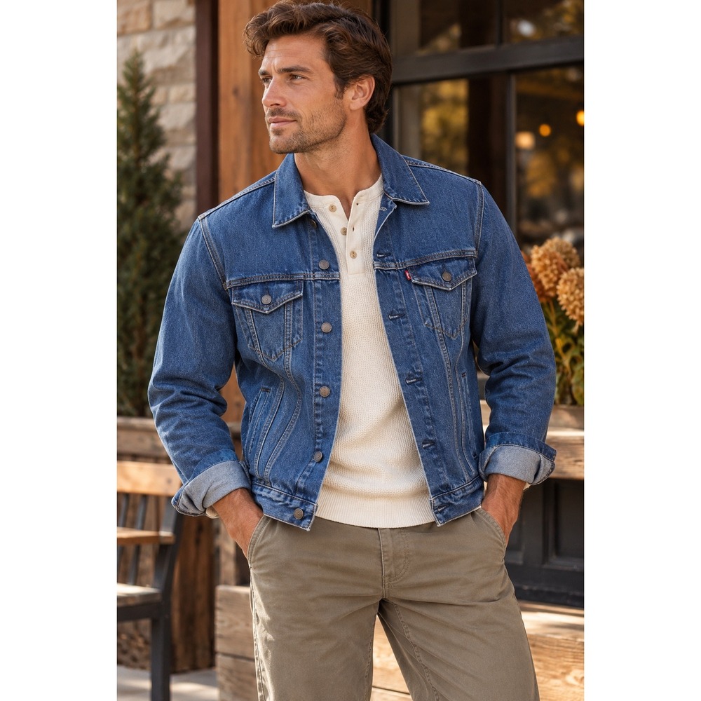 Levis Mens Trucker Jacket Medium Wash Blue Denim Button Front Coat Size M 72334